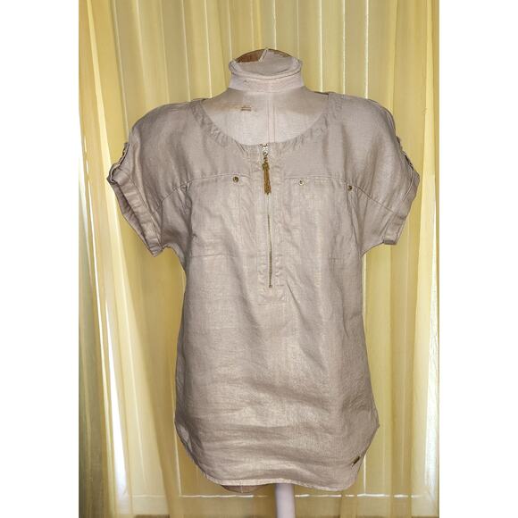 Ellen‎ Tracy Zip Roll Tab LINEN tunic Size S Gold Beige/Gold - Picture 1 of 5